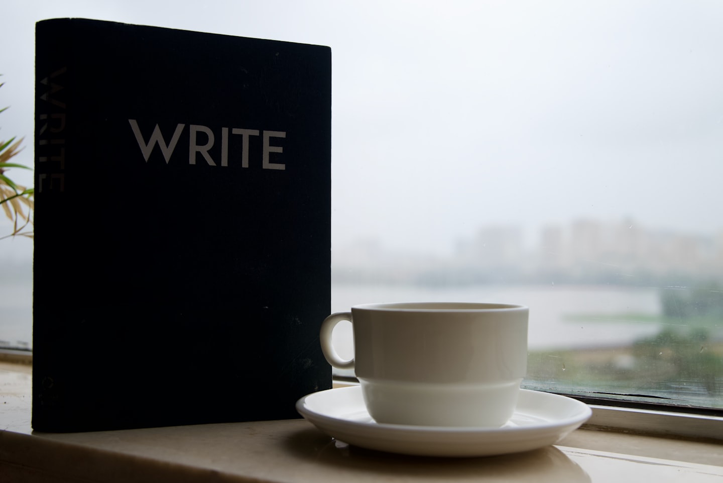 A journal labeled WRITE sits beside a coffee cup.