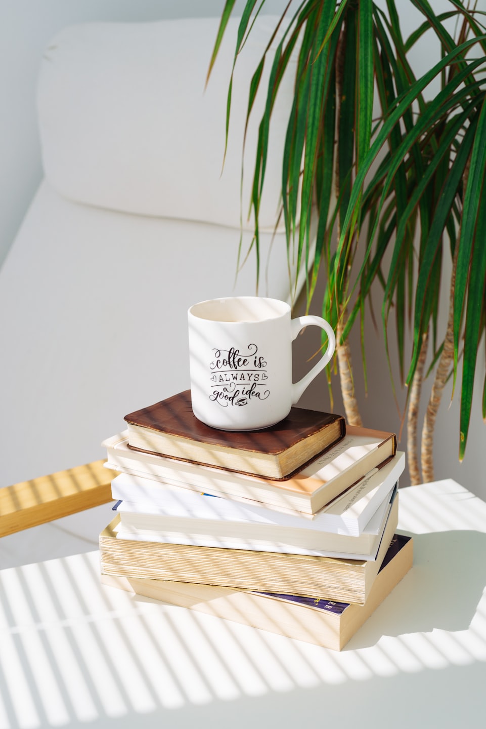 Coffee mug rests on a stack of books next to a plant.